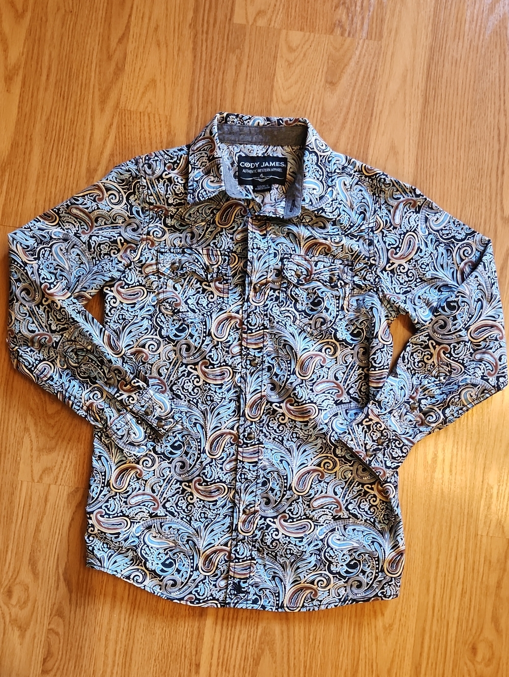 Cody James Boys Western Snap Shirt Size S Blue Paisley Pearl Snap